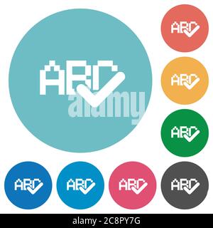 Flat spell check icon set on round color background. Stock Vector