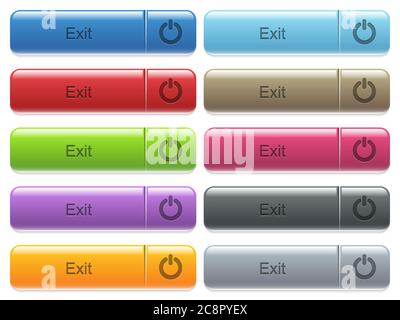 Set of Exit glossy color captioned menu buttons with engraved icons Stock Vector