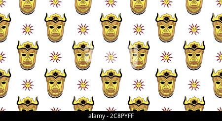 Fantasy seamless pattern. Harpy mask. golden mask with horns. Vector illustration Stock Vector