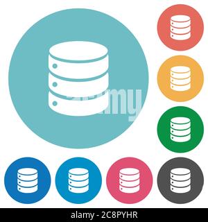 Flat database icon set on round color background. Stock Vector