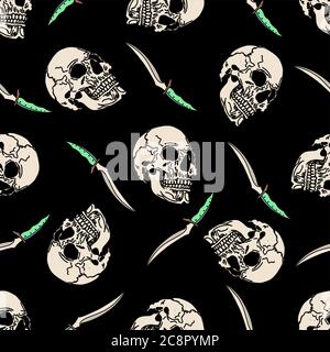 SEAMLESS PATTERN for Halloween. Scary drawing. Skull and dagger. Dragon Stack Blade Stock Vector