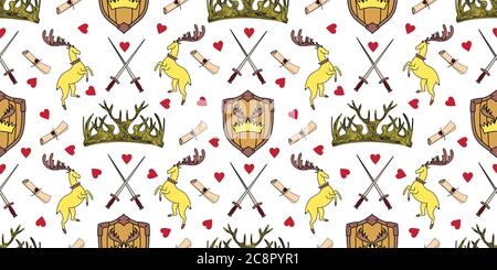 Fantasy seamless pattern. Shield with oleenbmi horns. Crown baptized swords. Sign of the great house. Horned animals deer. Vector illustration Stock Vector