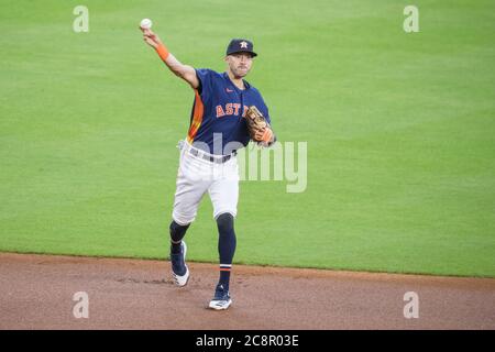 Houston, Texas, USA. 26th July, 2020. Houston Astros shortstop Carlos Correa (1) throws to first base for an out during the Major League Baseball game between the Seattle Mariners and the Houston Astros at Minute Maid Park in Houston, Texas. Prentice C. James/CSM/Alamy Live News Stock Photo