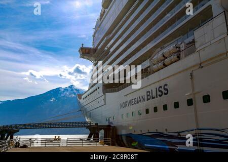 Skagway, Alaska - july 25, 2018  - A cruise ship sits in the harbor of Skagway, Alaska Stock Photo