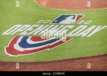 Houston, Texas, USA. 26th July, 2020. Opening Day signage on the field during the Major League Baseball game between the Seattle Mariners and the Houston Astros at Minute Maid Park in Houston, Texas. Prentice C. James/CSM/Alamy Live News Stock Photo