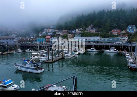 Ketchikan, Alaska - jul 23, 2018 - view of harbour of Ketchikan with fishing boats and mist Stock Photo