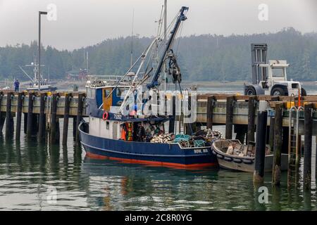 Ketchikan, Alaska - jul 23, 2018 - Colorful commercial fishing boat docked in Ketchikan, Alaska Stock Photo