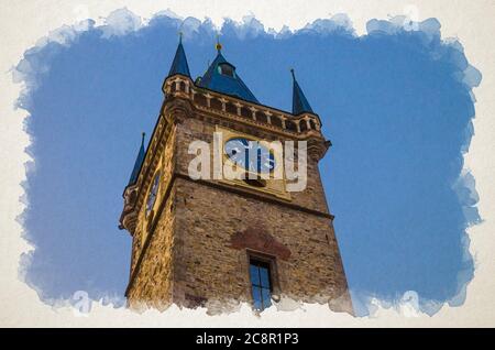 Watercolor drawing of Clear blue sky of Prague, Main tower of the Old Town Hall, City Hall is made in Gothic Style, Prague chimes, observation deck of The Old Town Square, Bohemia, Czech Republic Stock Photo