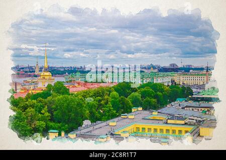 Watercolor drawing of Top aerial panoramic view of Saint Petersburg city with Alexander Garden, State Hermitage Museum, Winter Palace, Neva river, Admiralty building, blue dramatic sky, Russia Stock Photo