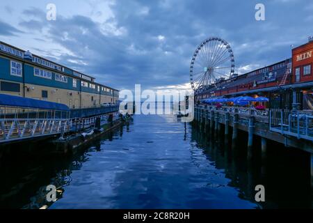 Seattle, Washington, USA - july 20, 2018 - The Seattle Great Wheel, at Pier 57 on Elliott Bay in Seattle, Washington. Stock Photo