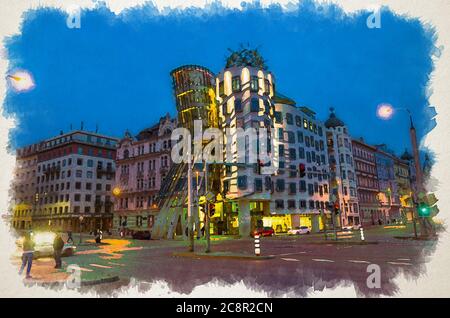 Watercolor drawing of Prague, Czech Republic, Dancing House observation deck evening view, Nationale Nederlanden Building, crossroads, dance blowing Ginger and Fred Stock Photo