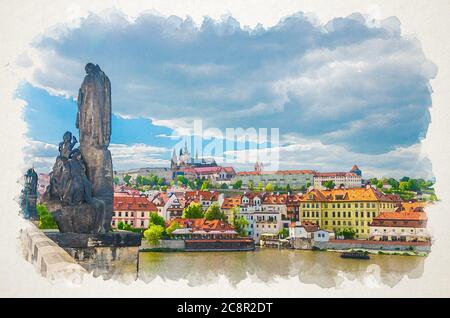 Watercolor drawing of Saints Cyril and Methodius statue on Charles Bridge Karluv Most over Vltava river. Prague Castle, St. Vitus Cathedral, blue sky white clouds, Bohemia, Czech Republic Stock Photo