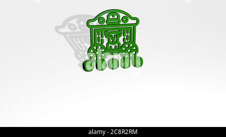 3D representation of wagon with icon on the wall and text arranged by metallic cubic letters on a mirror floor for concept meaning and slideshow presentation. illustration and old Stock Photo