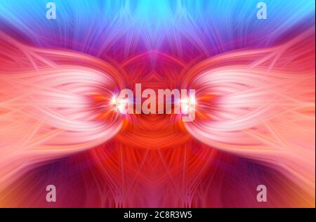 Beautiful abstract intertwined 3d fibers forming an ornament out of various symmetrical shapes. Purple, pink, red, and blue colors. Illustration. Stock Photo