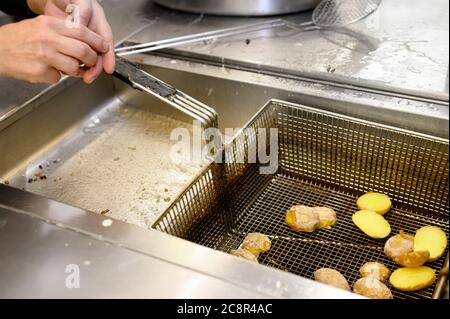 Deep Fryers With Oil On Kitchen Stock Photo - Download Image Now
