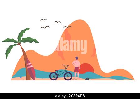 vector man stare at the sunset in the ocean. premium vector Stock Vector