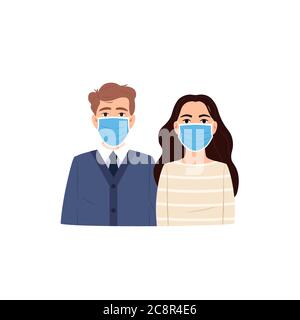 Young people man woman wear protective surgical face mask flat icon. Flu virus coronavirus infectious disease epidemic pandemic health safety sign Car Stock Vector