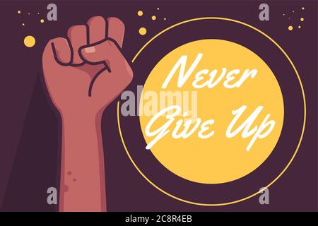 black hand clenched with never give up lettering. background. premium vector Stock Vector