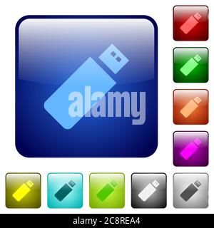 Set of pendrive color glass rounded square buttons Stock Vector