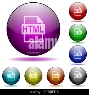 Set of color HTML file format glass sphere buttons with shadows. Stock Vector