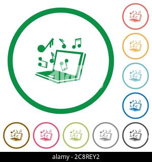 Set of Multimedia laptop color round outlined flat icons on white background Stock Vector