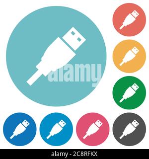 Flat USB plug icon set on round color background. Stock Vector