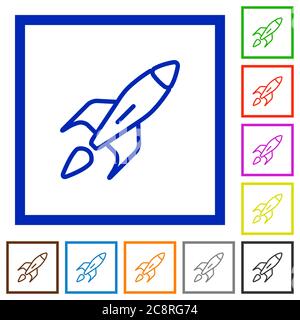 Set of color square framed Launched rocket flat icons Stock Vector
