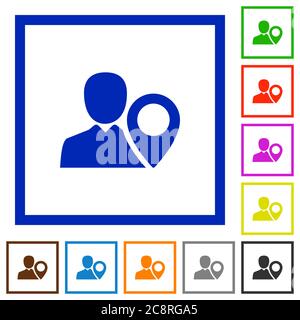 Set of color square framed User location flat icons Stock Vector