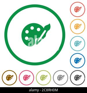 Set of paint color round outlined flat icons on white background Stock Vector