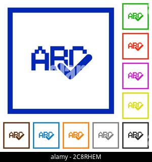 Set of color square framed Spell check flat icons Stock Vector