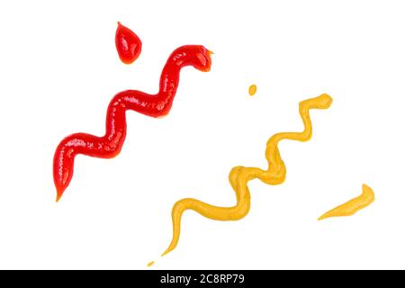 Splashes of ketchup and mustard isolated on a white background. Stock Photo