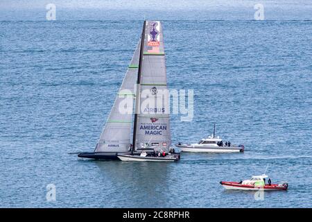 America’s Cup Challenger American Magic takes to the water for testing after arrival in Auckland, New Zealand on July 27 2020 Stock Photo