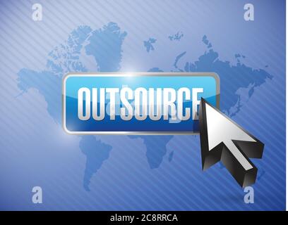 Outsource button and cursor over a world map illustration design background Stock Vector