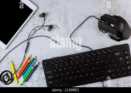 Keyboard with mouse and tablet on white background. Online school concept. Stock Photo
