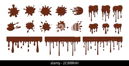 Chocolate streams dripping, blob set. Current splatter melted chocolate, decorative shapes liquids. Stain shape collection, splashes drops, cartoon flat spatters. Isolated vector illustration Stock Vector