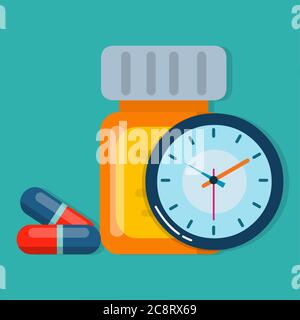 drug bottle and clock for drug scheduling icon vector illustration Stock Vector