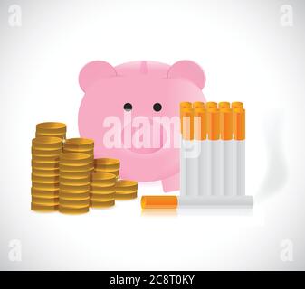 Piggy bank and cigarettes illustration design over a white background Stock Vector
