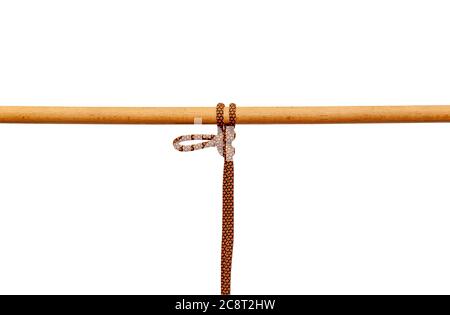 Rope tied around a wooden log isolated on white background Stock Photo