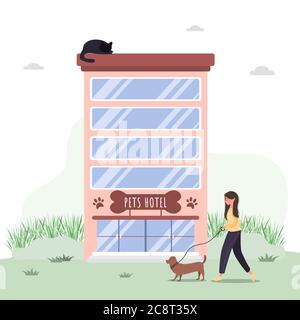 Pets hotel. Veterinary hospital services and domestic animals hotels. Dogs grooming and health check center. Vet clinic, robotic pet sitters metaphors Stock Vector