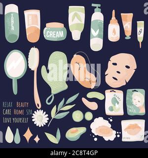 Skin care routine icons. Vector set of Face and body care. Various beauty SPA objects isolated on blue. Cleansing, moisturizing, treating. Cartoon sty Stock Vector