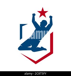 superstar player celebration image with sporty lettering typography emblem Legend Logo vector concept design template illustration Stock Vector