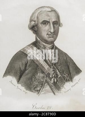 Carlos IV de España (1748-1819). Rey de España entre 1788 y 1808. Perteneciente a la dinastía Borbón. Ilustración por Antonio Gómez. Grabado por Domingo Martinez. 'Historia del Levantamiento, Guerra y Revolución de España', por el conde de Toreno. Madrid,1851. Stock Photo