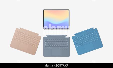 modern tablet computer with different keyboards and colored screen isolated on white background realistic mockup gadgets and devices concept horizontal vector illustration Stock Vector