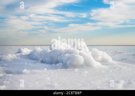 Salt crystals. Salt mining on lake burlinskoye. bursol. Altai territory. Stock Photo