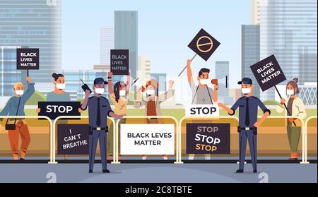 protesters crowd with black lives matter banners campaign against racial discrimination in police support for equal rights of black people cityscape horizontal vector illustration Stock Vector