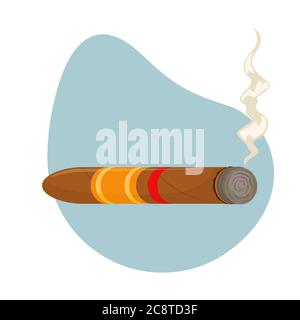 Flat vector illustration of a smoldering Cuban cigar with a label. Stock Vector