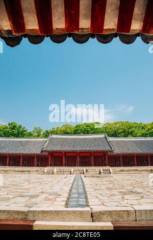 Korean traditional architecture with summer green trees at Jongmyo Shrine in Seoul, Korea Stock Photo