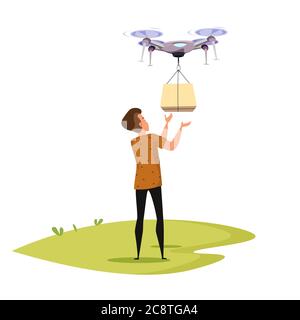 Drone delivering box flat vector illustration Stock Vector