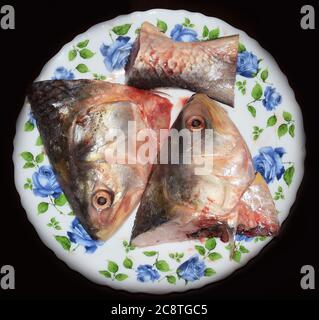 Uncooked head and tail of Hilsa Fish also called as Tenualosa ilisha Stock Photo