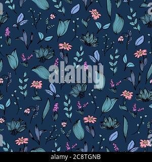 A seamless pattern with hand-drawn doodles of flowers and plants. Stock Vector